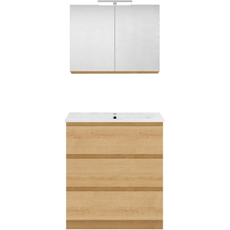Meuble forme 80cm solo 3 tiroirs porcelaine +armoire de toilette coloris chêne nordique