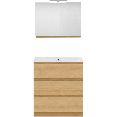 Meuble forme 80cm solo 3 tiroirs porcelaine +armoire de toilette coloris chêne nordique