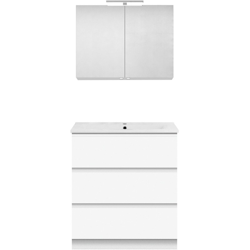 Meuble forme 80cm solo 3 tiroirs porcelaine +armoire de toilette coloris blanc