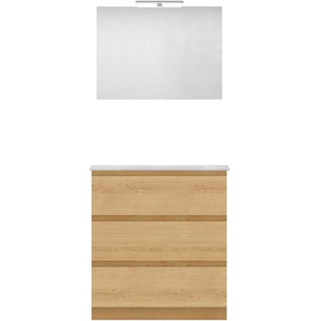 Meuble forme 80cm solo 3 tiroirs marbre de synthèse +miroir coloris chêne nordique