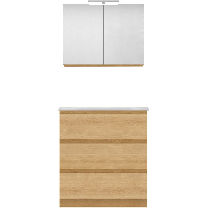 Meuble forme 80cm solo 3 tiroirs marbre de synthèse +armoire de toilette coloris chêne nordique