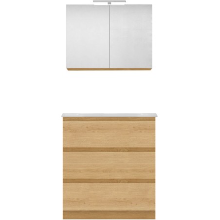 Meuble forme 80cm solo 3 tiroirs marbre de synthèse +armoire de toilette coloris chêne nordique