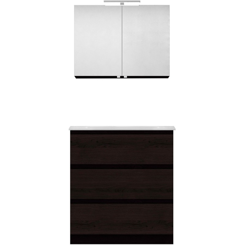Meuble forme 80cm solo 3 tiroirs marbre de synthèse +armoire de toilette coloris chêne graphite