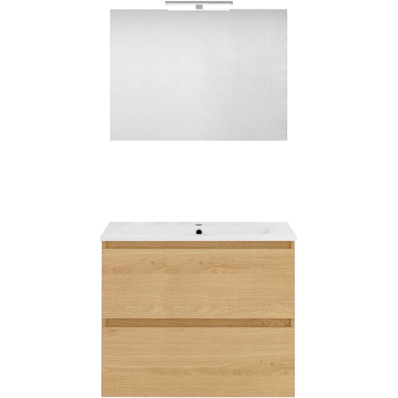 Meuble forme 80cm solo 2 tiroirs porcelaine +miroir coloris chêne nordique