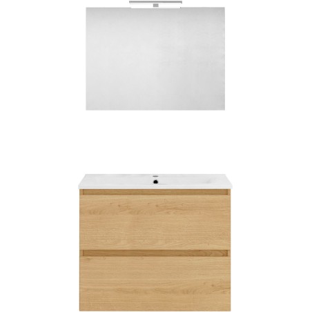 Meuble forme 80cm solo 2 tiroirs porcelaine +miroir coloris chêne nordique