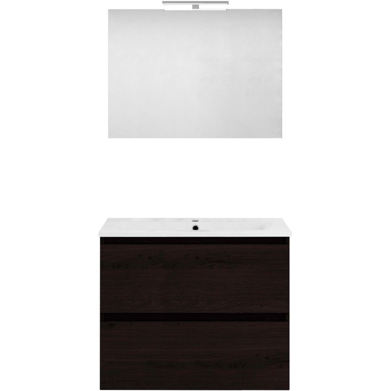 Meuble forme 80cm solo 2 tiroirs porcelaine +miroir coloris chêne graphite