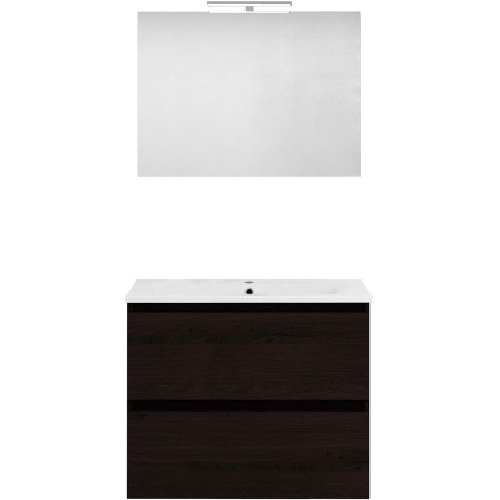 Meuble forme 80cm solo 2 tiroirs porcelaine +miroir coloris chêne graphite