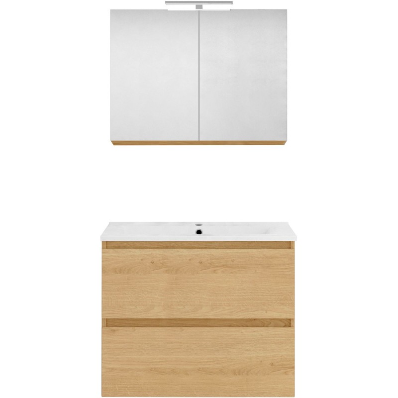 Meuble forme 80cm solo 2 tiroirs porcelaine +armoire de toilette coloris chêne nordique