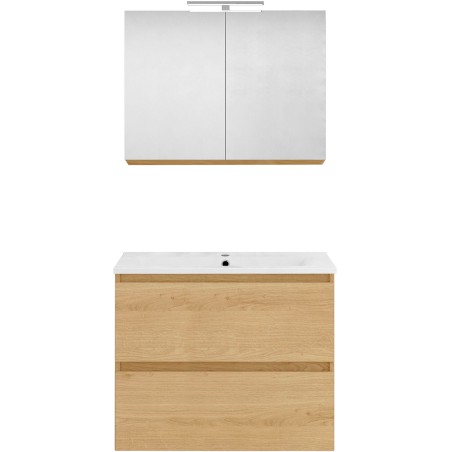 Meuble forme 80cm solo 2 tiroirs porcelaine +armoire de toilette coloris chêne nordique