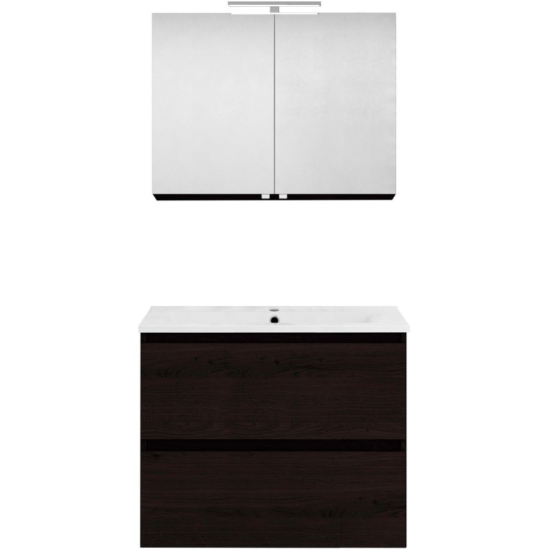 Meuble forme 80cm solo 2 tiroirs porcelaine +armoire de toilette coloris chêne graphite