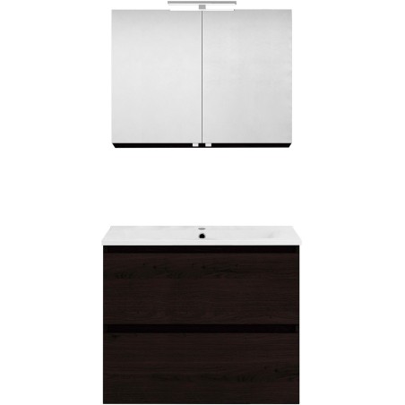 Meuble forme 80cm solo 2 tiroirs porcelaine +armoire de toilette coloris chêne graphite