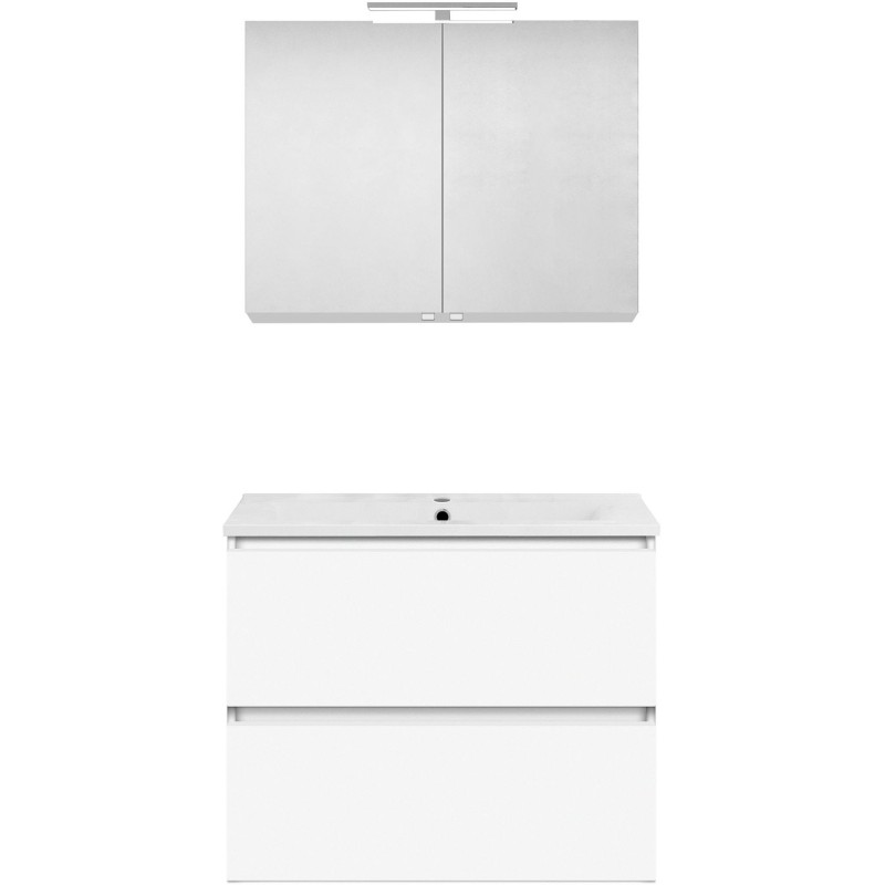 Meuble forme 80cm solo 2 tiroirs porcelaine +armoire de toilette coloris blanc
