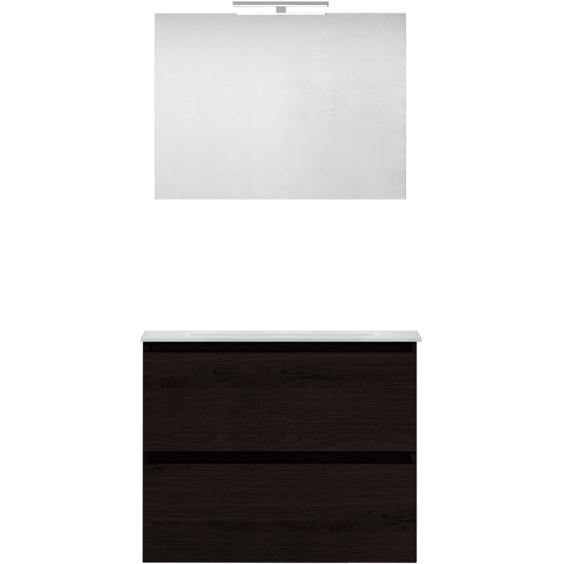 Meuble forme 80cm solo 2 tiroirs marbre de synthèse +miroir coloris chêne graphite