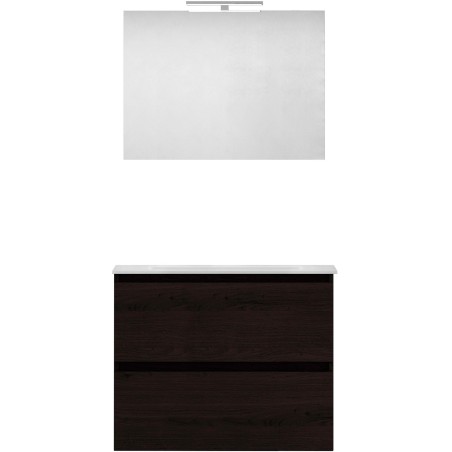 Meuble forme 80cm solo 2 tiroirs marbre de synthèse +miroir coloris chêne graphite