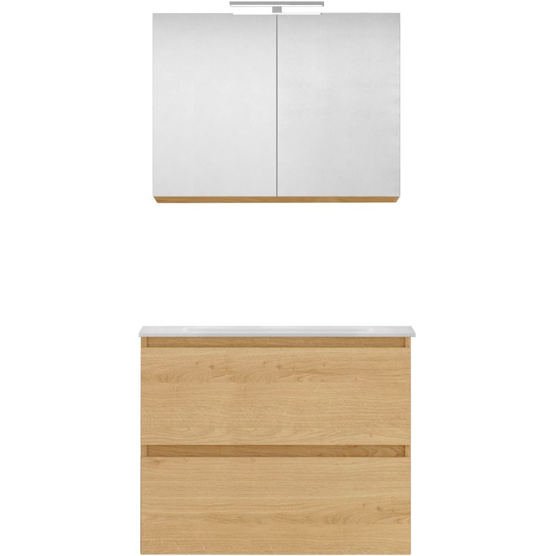 Meuble forme 80cm solo 2 tiroirs marbre de synthèse +armoire de toilette coloris chêne nordique