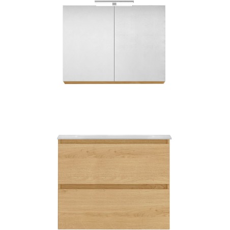 Meuble forme 80cm solo 2 tiroirs marbre de synthèse +armoire de toilette coloris chêne nordique