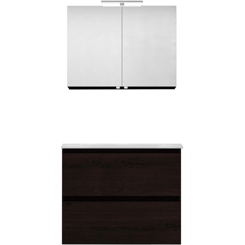 Meuble forme 80cm solo 2 tiroirs marbre de synthèse +armoire de toilette coloris chêne graphite