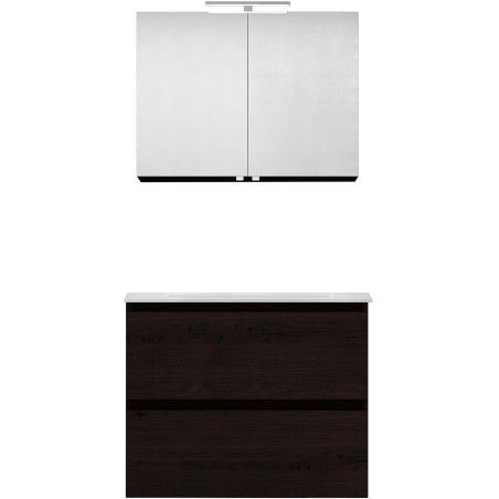 Meuble forme 80cm solo 2 tiroirs marbre de synthèse +armoire de toilette coloris chêne graphite