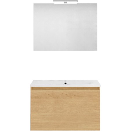 Meuble forme 80cm solo 1 tiroir porcelaine +miroir coloris chêne nordique