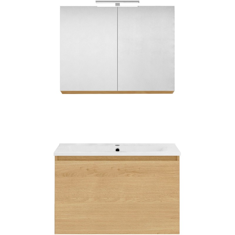 Meuble forme 80cm solo 1 tiroir porcelaine +armoire de toilette coloris chêne nordique