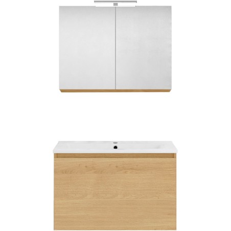 Meuble forme 80cm solo 1 tiroir porcelaine +armoire de toilette coloris chêne nordique