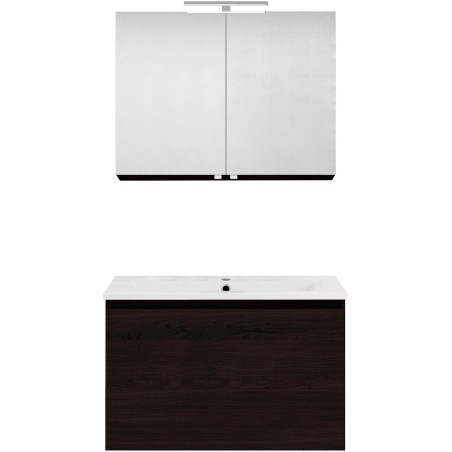 Meuble forme 80cm solo 1 tiroir porcelaine +armoire de toilette coloris chêne graphite