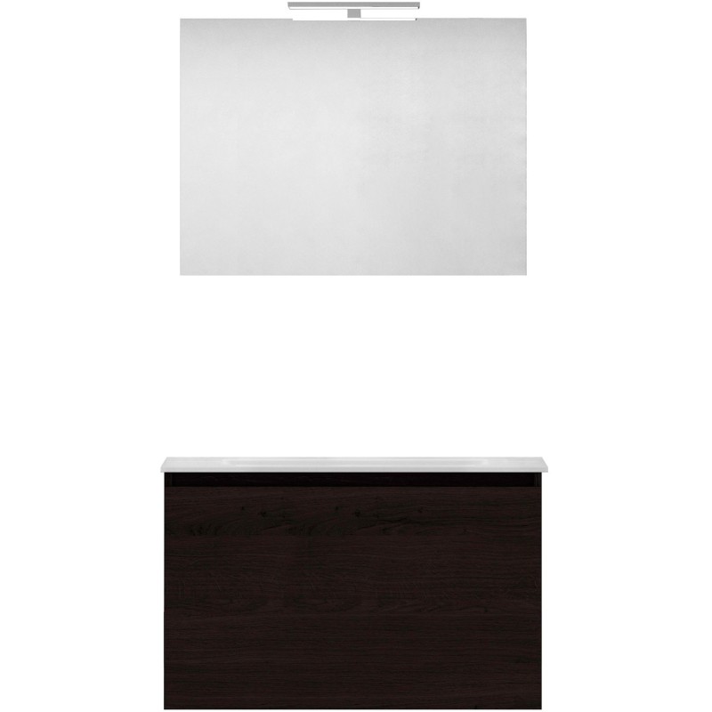 Meuble forme 80cm solo 1 tiroir marbre de synthèse +miroir coloris chêne graphite