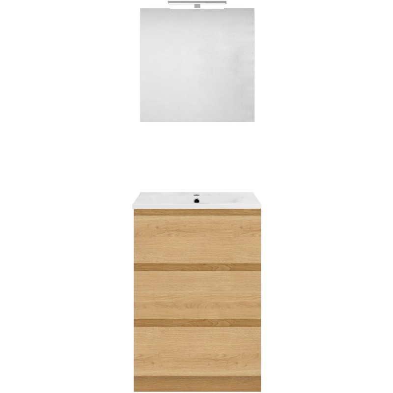 Meuble forme 60cm solo 3 tiroirs porcelaine +miroir coloris chêne nordique