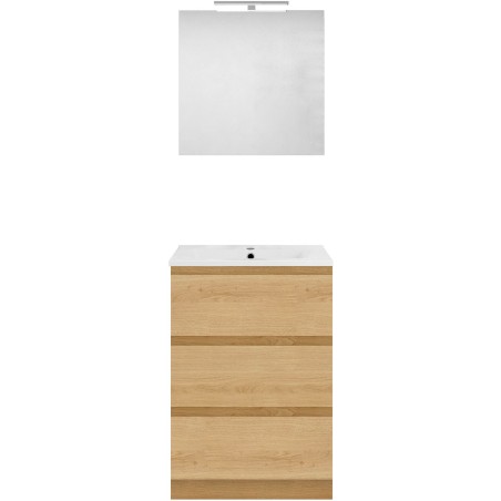 Meuble forme 60cm solo 3 tiroirs porcelaine +miroir coloris chêne nordique