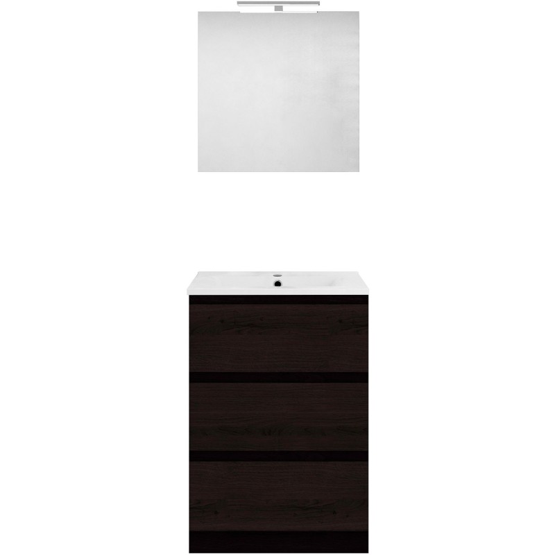Meuble forme 60cm solo 3 tiroirs porcelaine +miroir coloris chêne graphite