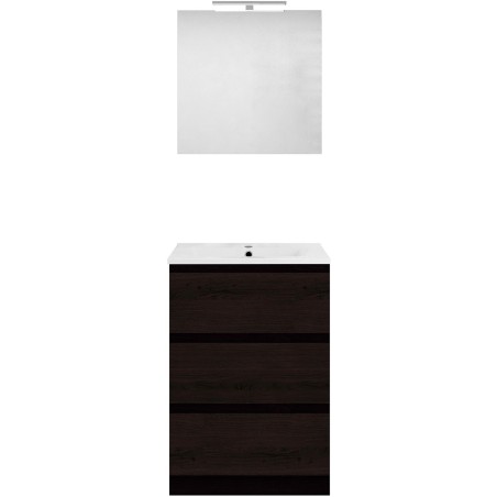 Meuble forme 60cm solo 3 tiroirs porcelaine +miroir coloris chêne graphite