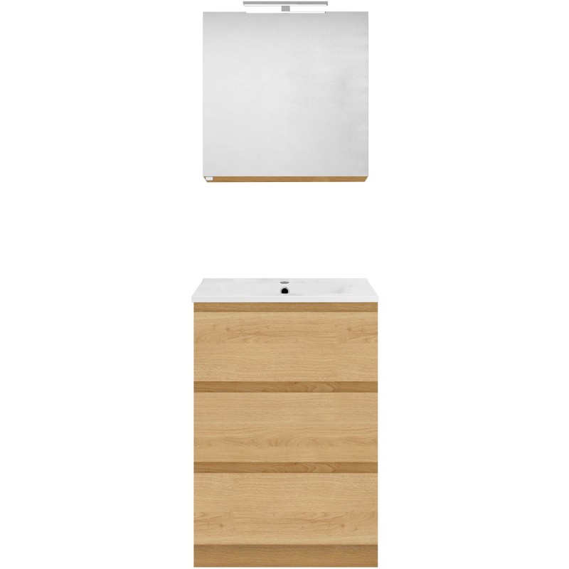 Meuble forme 60cm solo 3 tiroirs porcelaine +armoire de toilette coloris chêne nordique