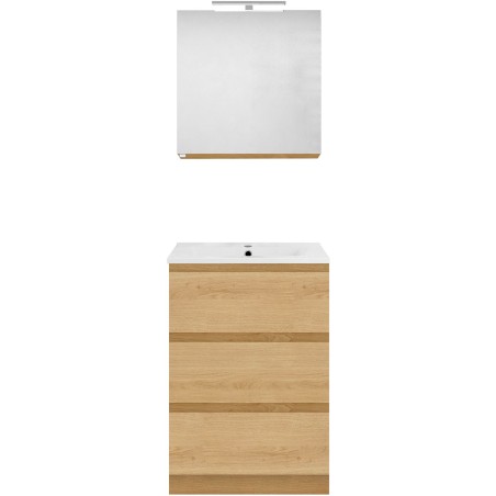 Meuble forme 60cm solo 3 tiroirs porcelaine +armoire de toilette coloris chêne nordique