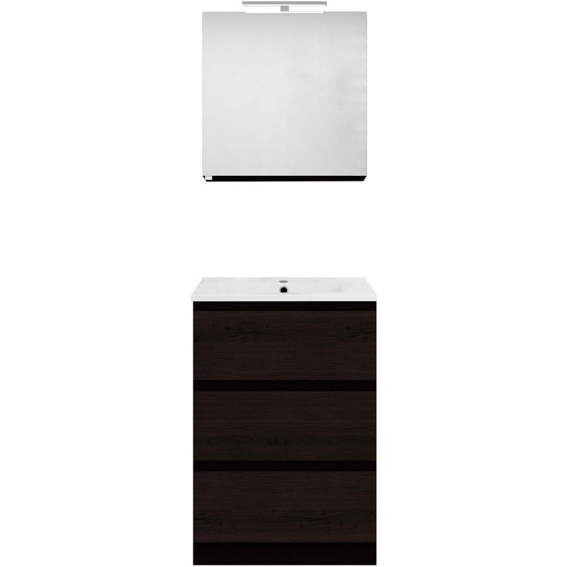 Meuble forme 60cm solo 3 tiroirs porcelaine +armoire de toilette coloris chêne graphite