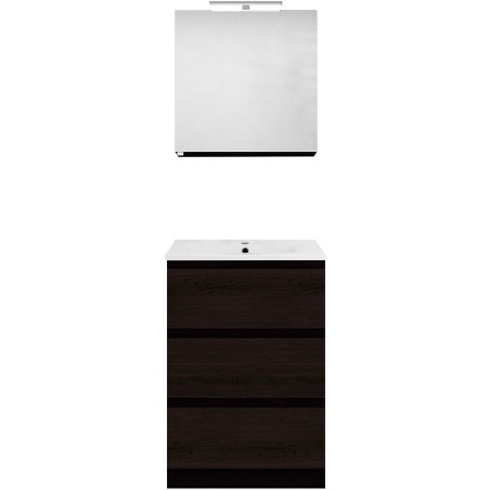 Meuble forme 60cm solo 3 tiroirs porcelaine +armoire de toilette coloris chêne graphite
