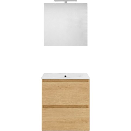 Meuble forme 60cm solo 2 tiroirs porcelaine +miroir coloris chêne nordique