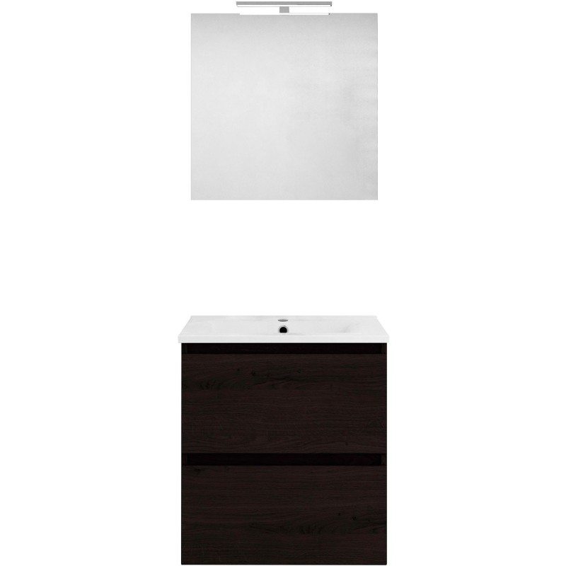 Meuble forme 60cm solo 2 tiroirs porcelaine +miroir coloris chêne graphite