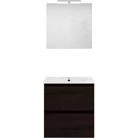 Meuble forme 60cm solo 2 tiroirs porcelaine +miroir coloris chêne graphite