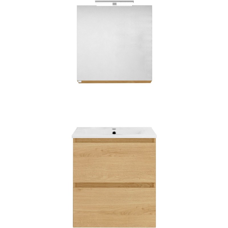 Meuble forme 60cm solo 2 tiroirs porcelaine +armoire de toilette coloris chêne nordique