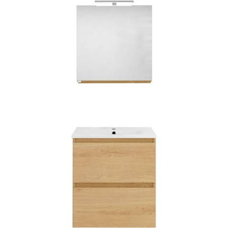 Meuble forme 60cm solo 2 tiroirs porcelaine +armoire de toilette coloris chêne nordique