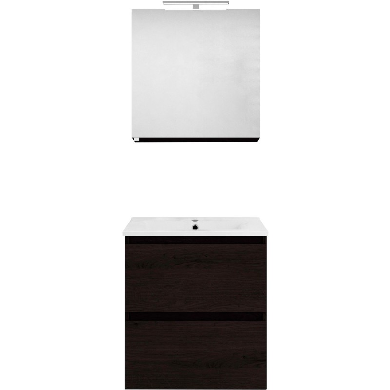 Meuble forme 60cm solo 2 tiroirs porcelaine +armoire de toilette coloris chêne graphite