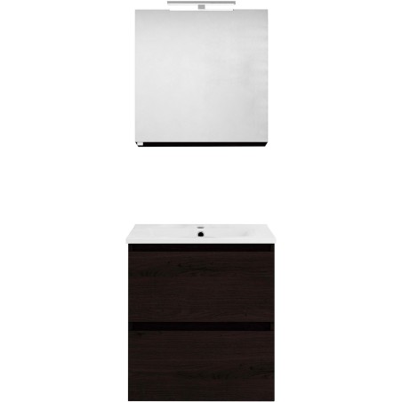 Meuble forme 60cm solo 2 tiroirs porcelaine +armoire de toilette coloris chêne graphite