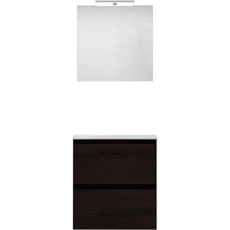 Meuble forme 60cm solo 2 tiroirs marbre de synthèse +miroir coloris chêne graphite