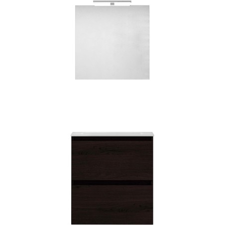 Meuble forme 60cm solo 2 tiroirs marbre de synthèse +miroir coloris chêne graphite