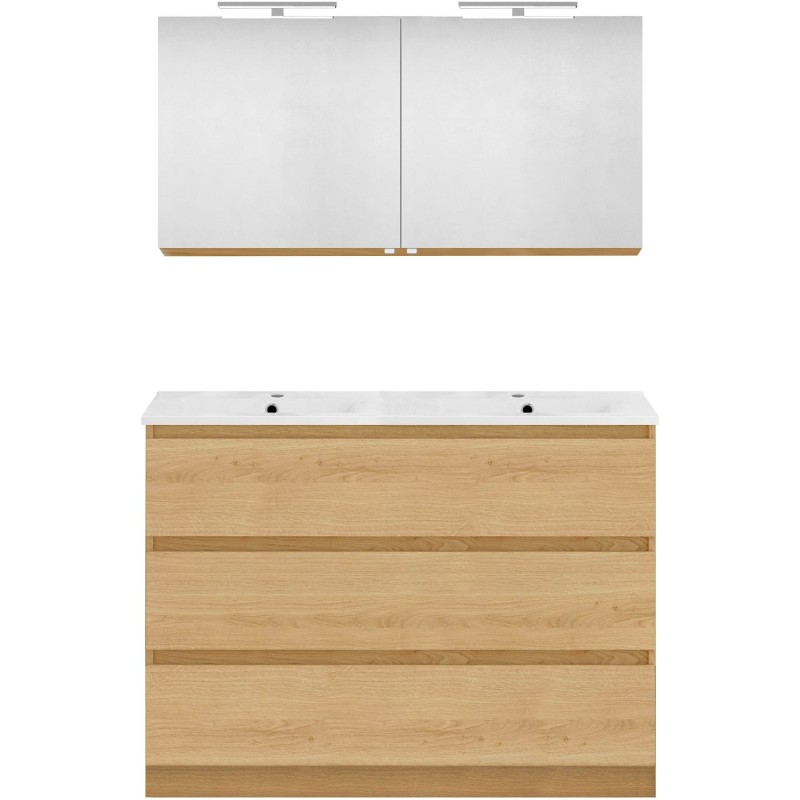 Meuble forme 120 duo 3 tiroirs porcelaine +armoire de toilette coloris chêne nordique