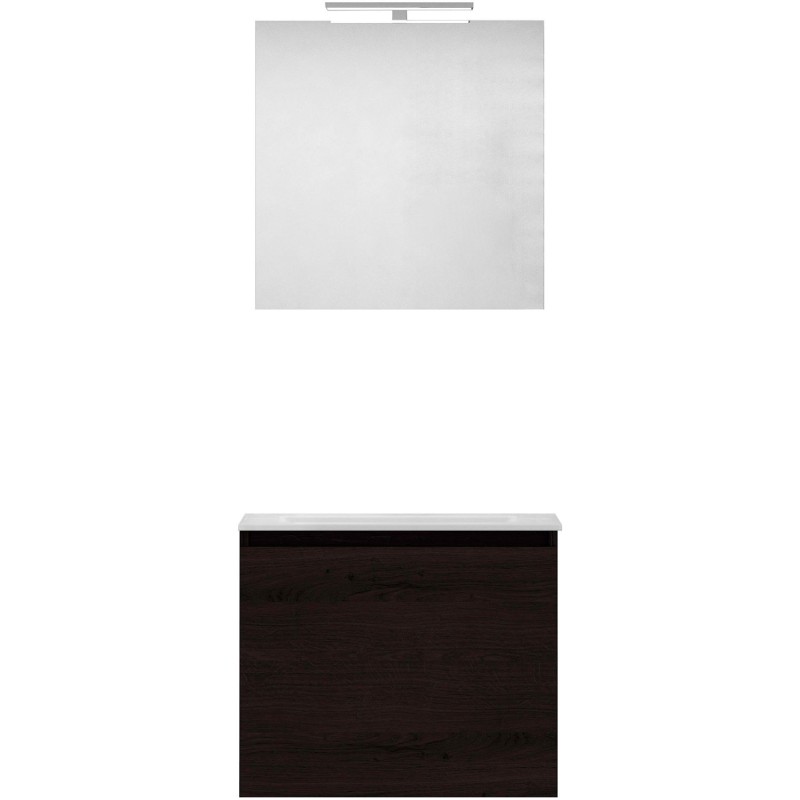 Meuble forme 60cm solo 1 tiroir marbre de synthèse +miroir coloris chêne graphite