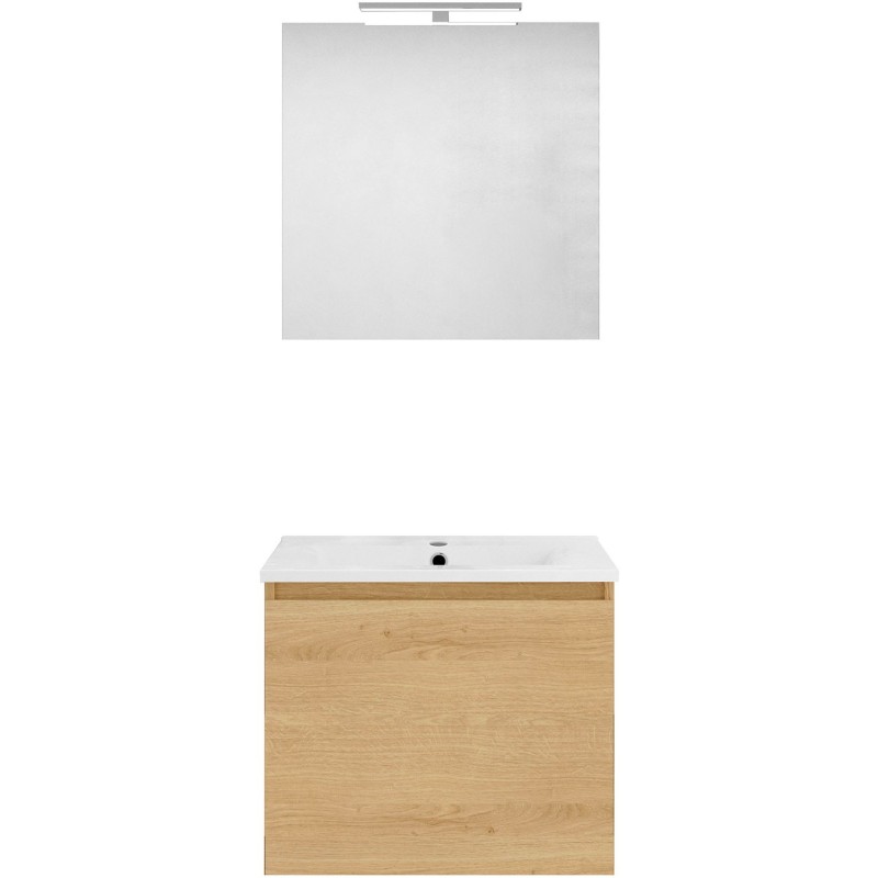 Meuble forme 60cm solo 1 tiroir porcelaine +miroir coloris chêne nordique