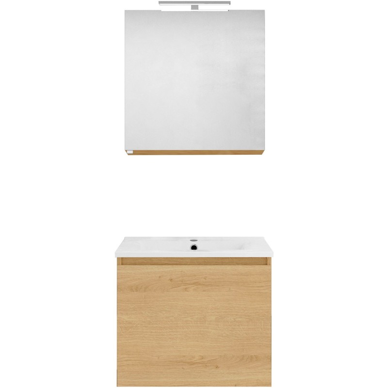 Meuble forme 60cm solo 1 tiroir porcelaine +armoire de toilette coloris chêne nordique