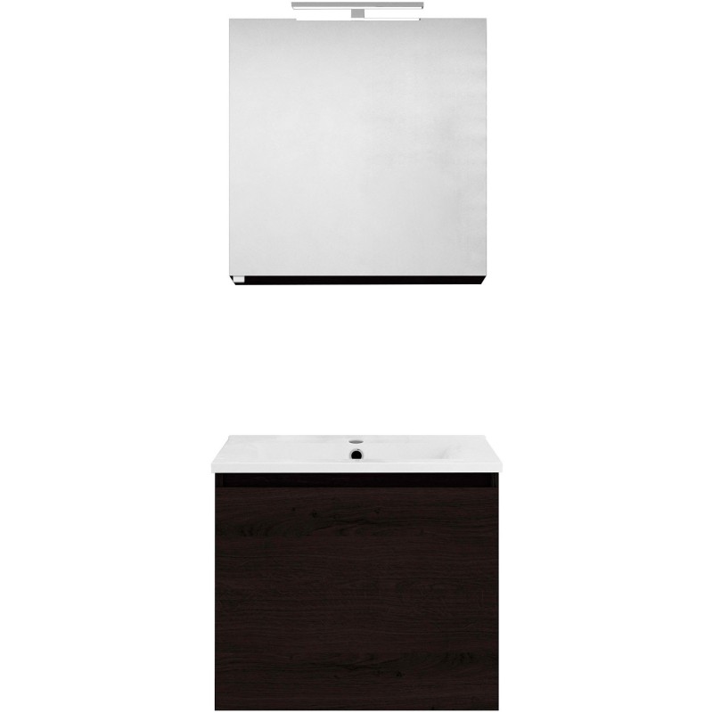 Meuble forme 60cm solo 1 tiroir porcelaine +armoire de toilette coloris chêne graphite
