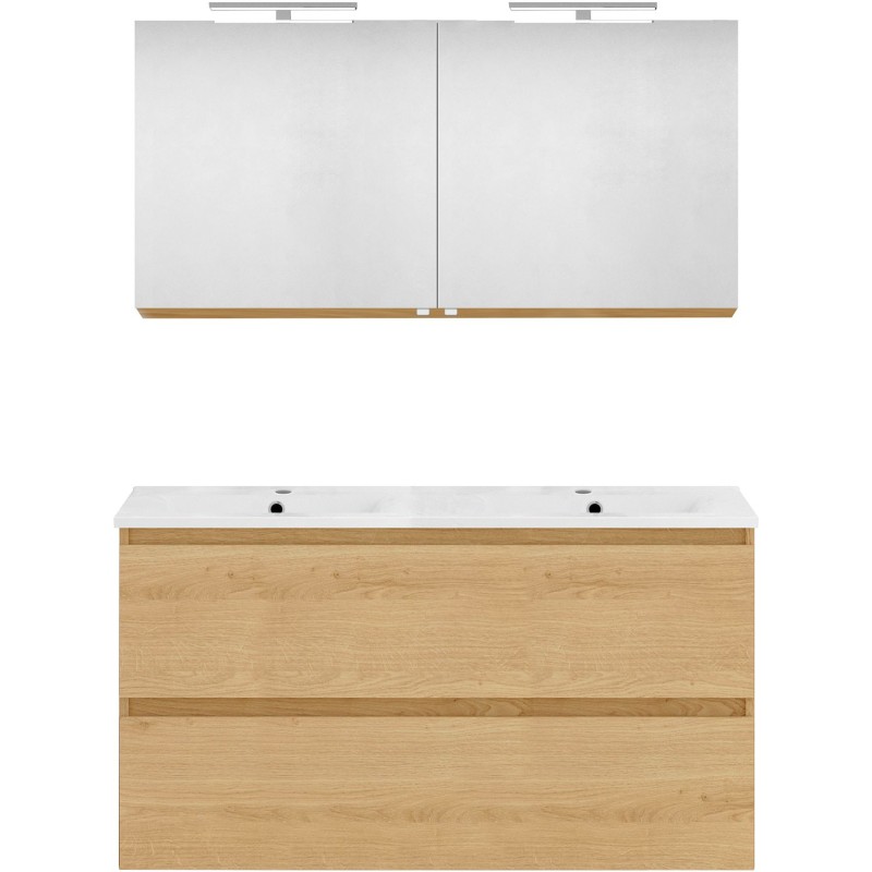 Meuble forme 120 duo 2 tiroirs porcelaine +armoire de toilette coloris chêne nordique